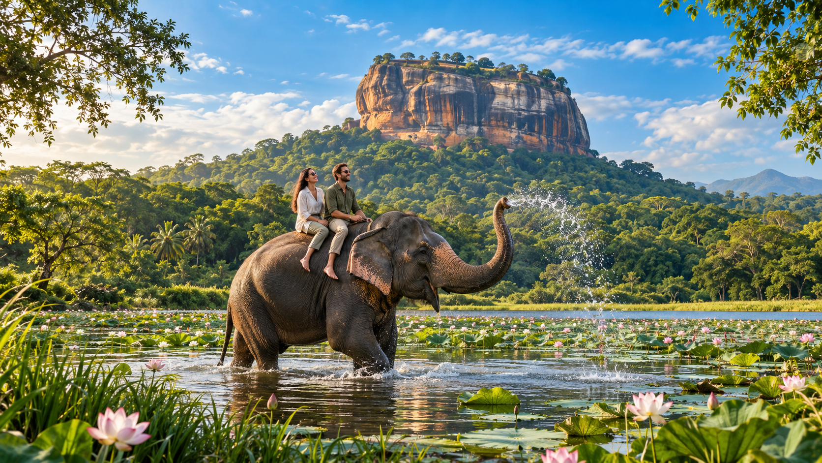 An elephant with two travellers in a lotus lake beneath Sigiriya, Sri Lanka