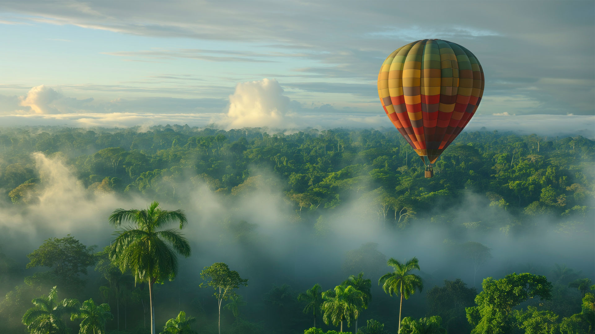 A hot-air balloon floating above Sri Lanka’s misty tropical forest